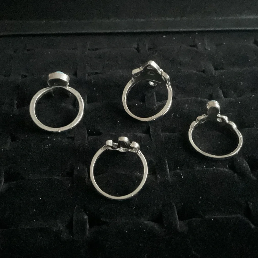 Silver Tone Rings x4 Cactus Cross Synthetic Blue Topaz Turquoise Boho Set Size 4
